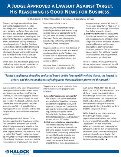 Cyber Security Lawsuit Article on Target